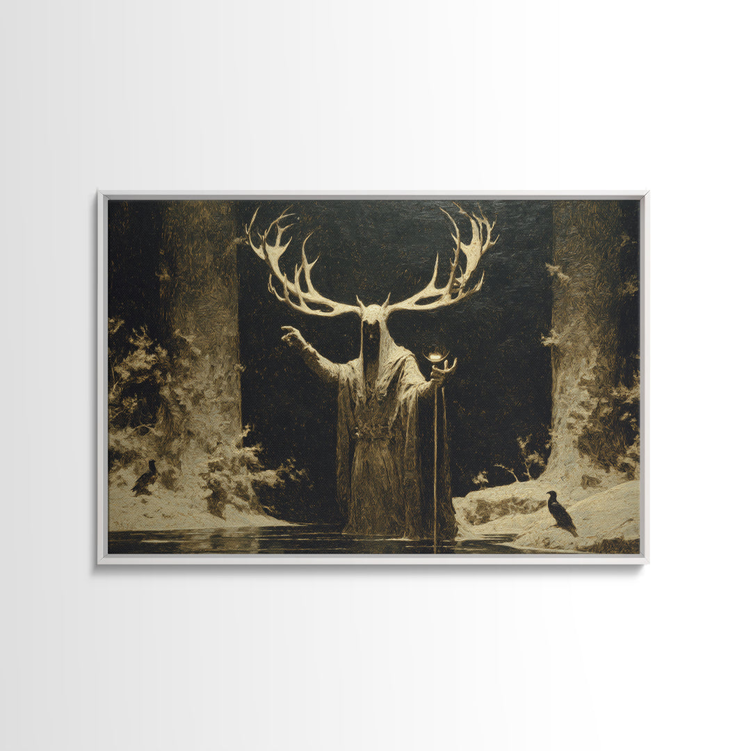 The Antlered Forest Spirit, Symbolist Gothic Landscape, Landscape Wall Art, Dark Fantasy Wall Art, Framed Canvas Print, Halloween Wall Art