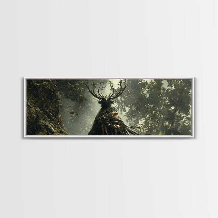 The Antlered Forest Spirit, Ornate Symbolist Art, Extra Wide Wall Art, Macabre Wall Art, Framed Canvas Print, Halloween Wall Art