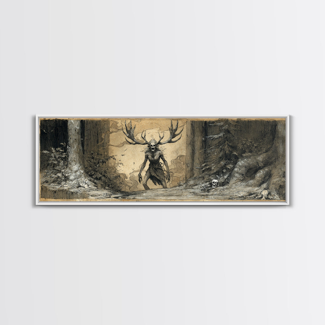 The Antlered Forest Spirit, Decadent Gothic Art, Extra Wide Wall Art, Macabre Wall Art, Framed Canvas Print, Halloween Wall Art