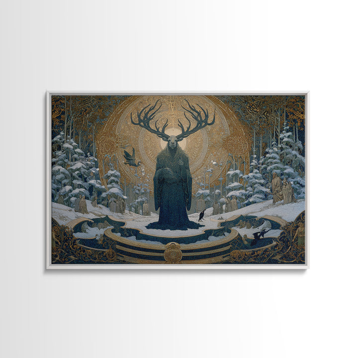The Antlered Forest Spirit, Symbolist Death Art, Landscape Wall Art, Macabre Wall Art, Framed Canvas Print, Halloween Wall Art