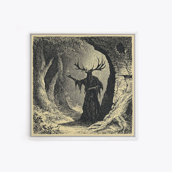 The Antlered Forest Spirit, Symbolist Etching Art, Square Wall Art, Dark Halloween Decor, Framed Canvas Print, Halloween Wall Art
