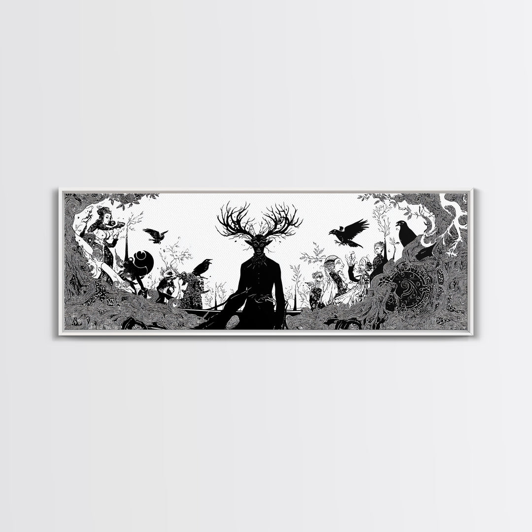 The Antlered Forest Spirit, Decadent Line Art, Extra Wide Wall Art, Dark Fantasy Wall Art, Canvas Print, Halloween Wall Art