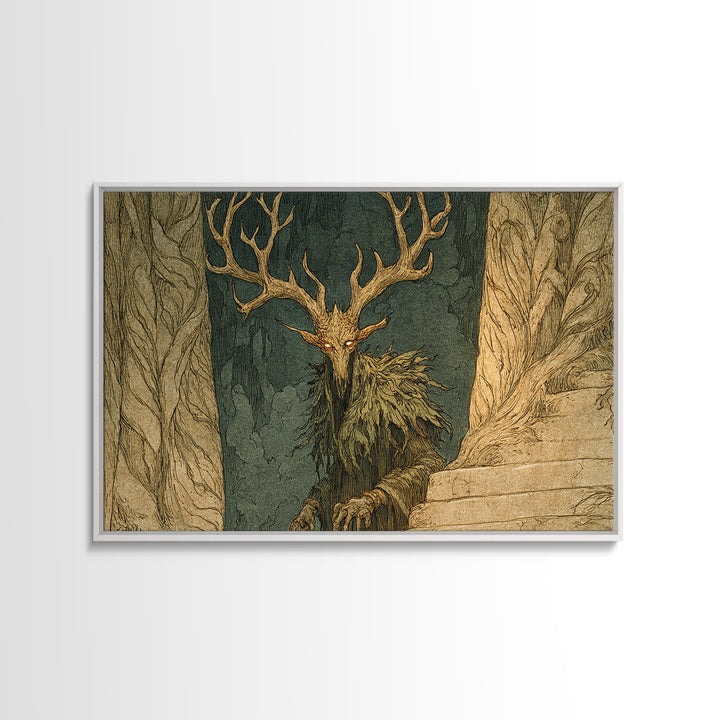 The Antlered Forest Spirit, Gothic Storybook Art, Landscape Wall Art, Dark Halloween Decor, Canvas Print, Halloween Wall Art