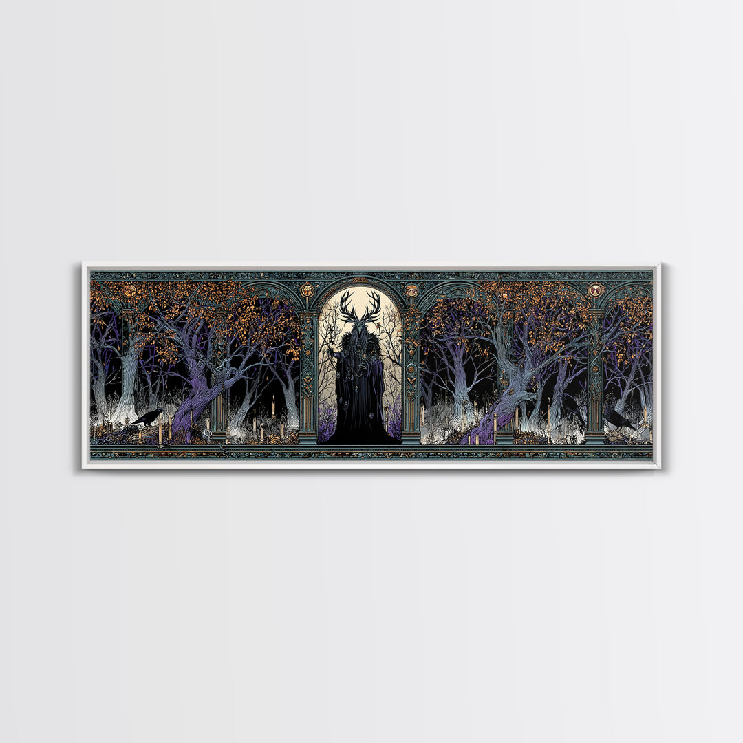 The Antlered Forest Spirit, Stained Glass Gothic Art, Extra Wide Wall Art, Dark Fantasy Wall Art, Framed Canvas Print, Halloween Wall Art