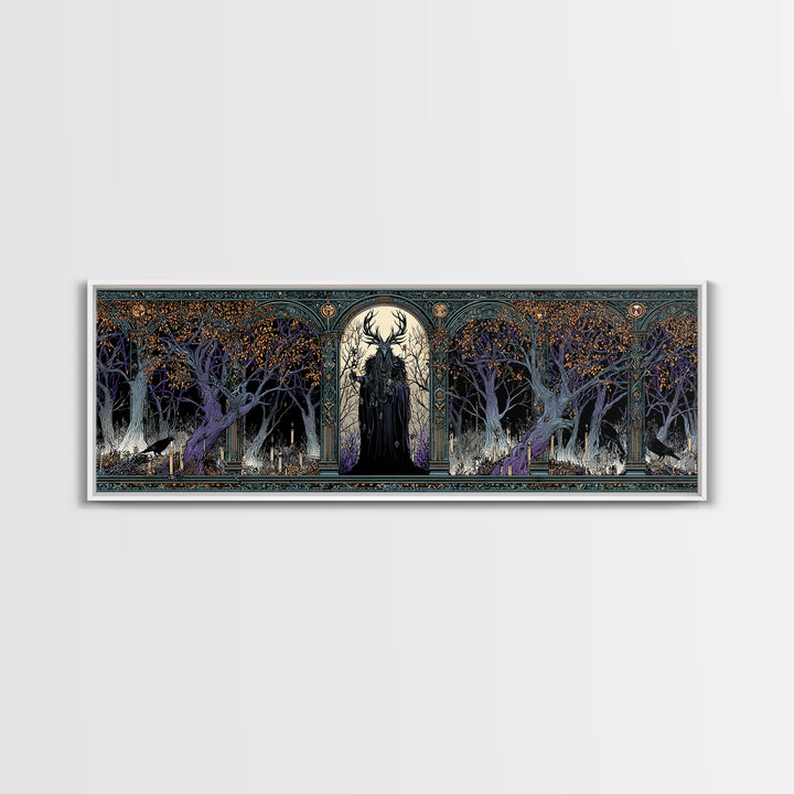 The Antlered Forest Spirit, Stained Glass Gothic Art, Extra Wide Wall Art, Dark Fantasy Wall Art, Framed Canvas Print, Halloween Wall Art