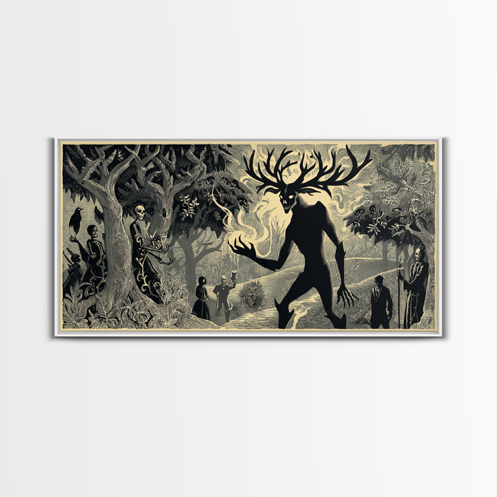 The Antlered Forest Spirit, Macabre Folk Print Art, Wide Panoramic Art, Dark Fantasy Wall Art, Canvas Print, Halloween Wall Art