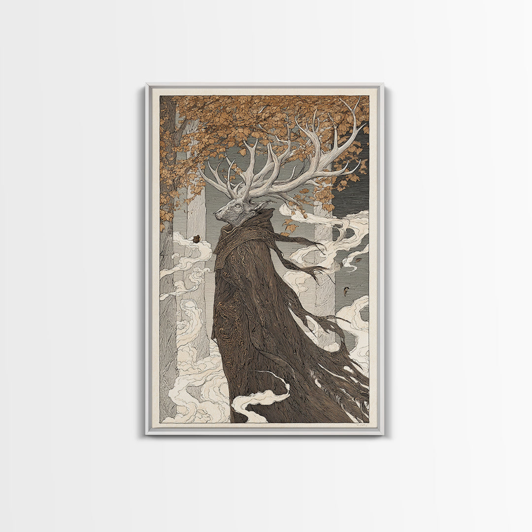 The Antlered Forest Spirit, Victorian Macabre Art, Vertical Wall Art, Gothic Horror Wall Art, Framed Canvas Print, Halloween Wall Art