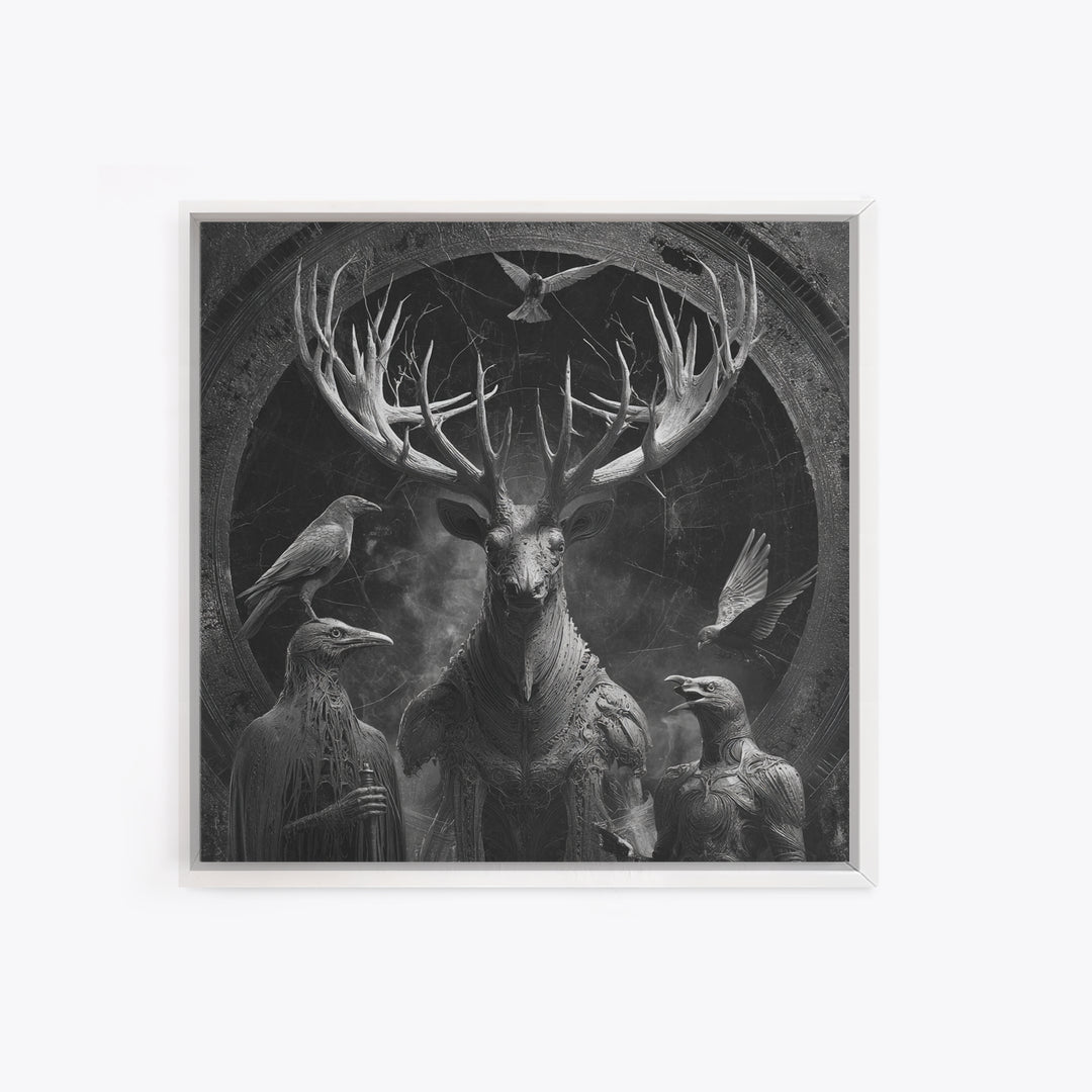 The Antlered Forest Spirit, Biomechanical Horror Art, Square Wall Art, Gothic Horror Wall Art, Canvas Print, Halloween Wall Art