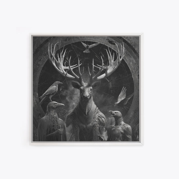The Antlered Forest Spirit, Biomechanical Horror Art, Square Wall Art, Gothic Horror Wall Art, Canvas Print, Halloween Wall Art