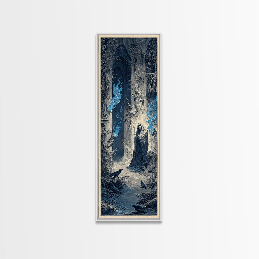The Will-O'-The-Wisp Shepherd, Gothic Engraving Art, Tall Narrow Wall Art, Macabre Wall Art, Framed Canvas Print, Halloween Wall Art
