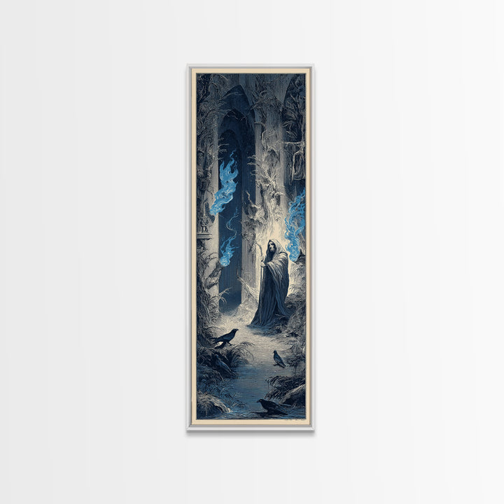 The Will-O'-The-Wisp Shepherd, Gothic Engraving Art, Tall Narrow Wall Art, Macabre Wall Art, Framed Canvas Print, Halloween Wall Art