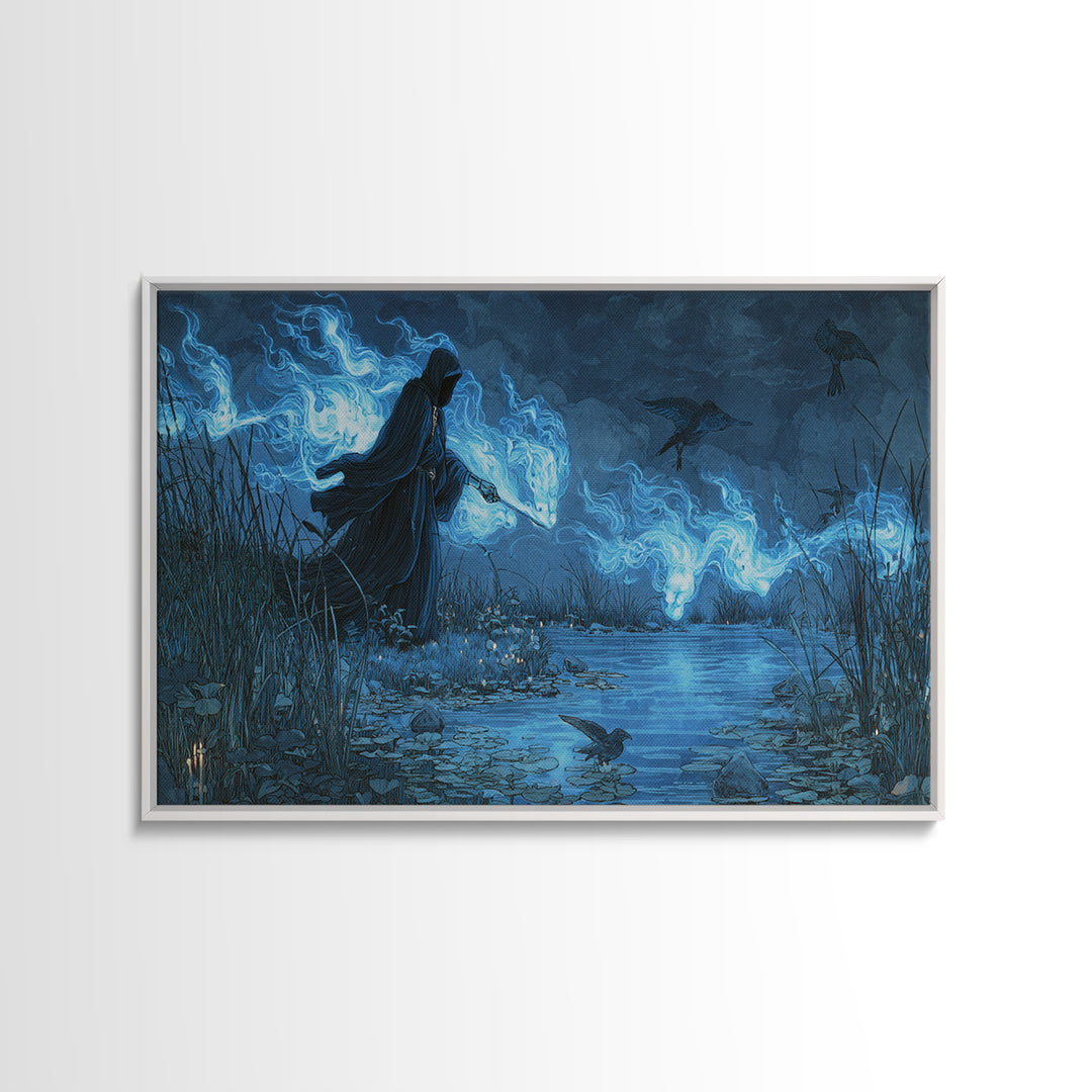 The Will-O'-The-Wisp Shepherd, Visionary Gothic Art, Wide Panoramic Art, Dark Halloween Decor, Canvas Print, Halloween Wall Art