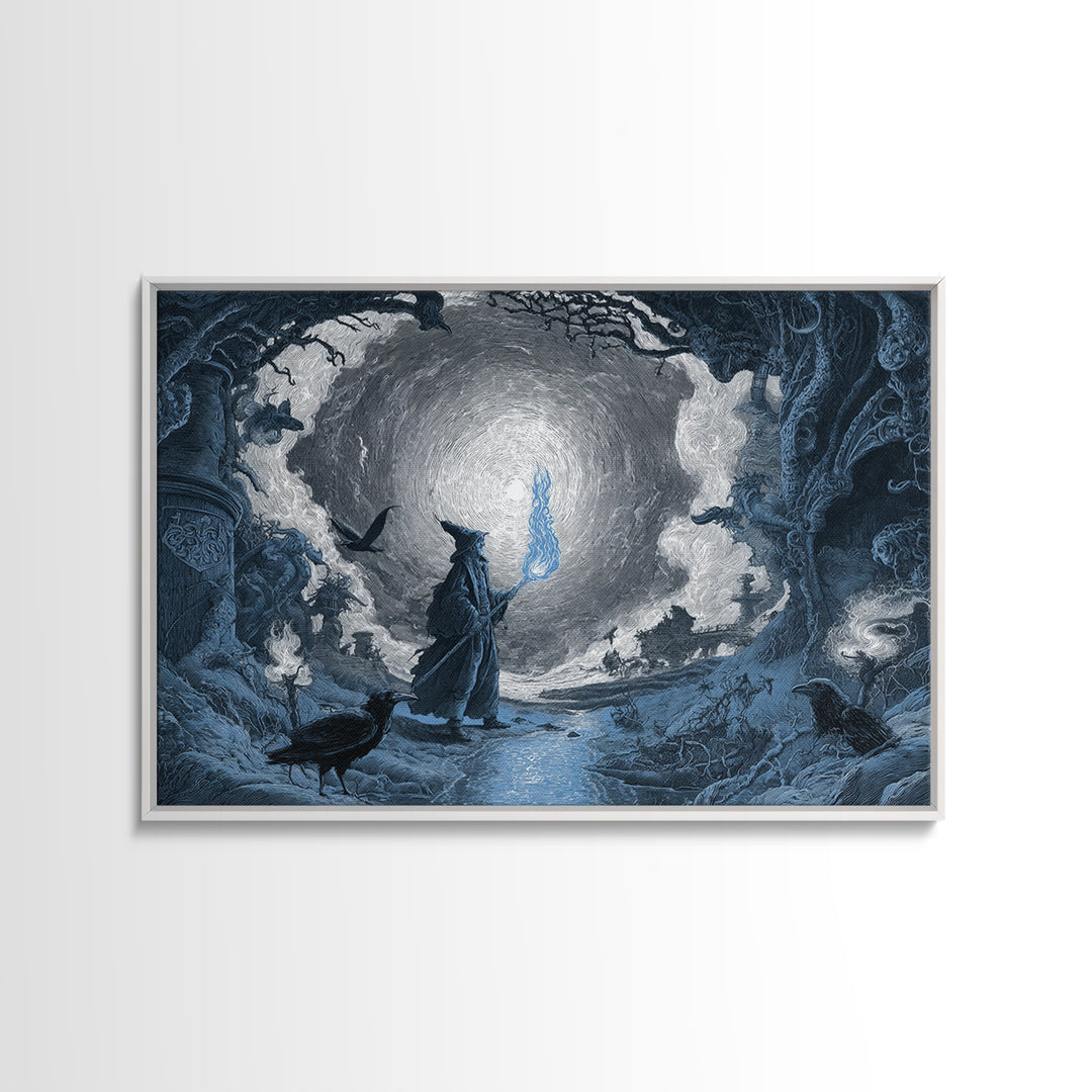 The Will-O'-The-Wisp Shepherd, Architectural Etching Art, Landscape Wall Art, Macabre Wall Art, Framed Canvas Print