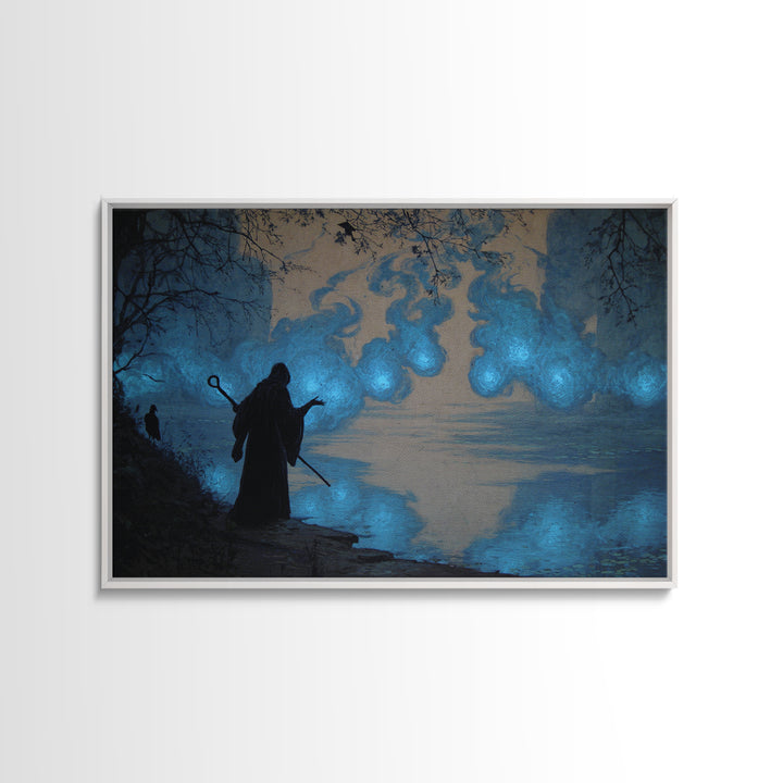 The Will-O'-The-Wisp Shepherd, Dark Symbolist Art, Landscape Wall Art, Macabre Wall Art, Framed Canvas Print, Halloween Wall Art