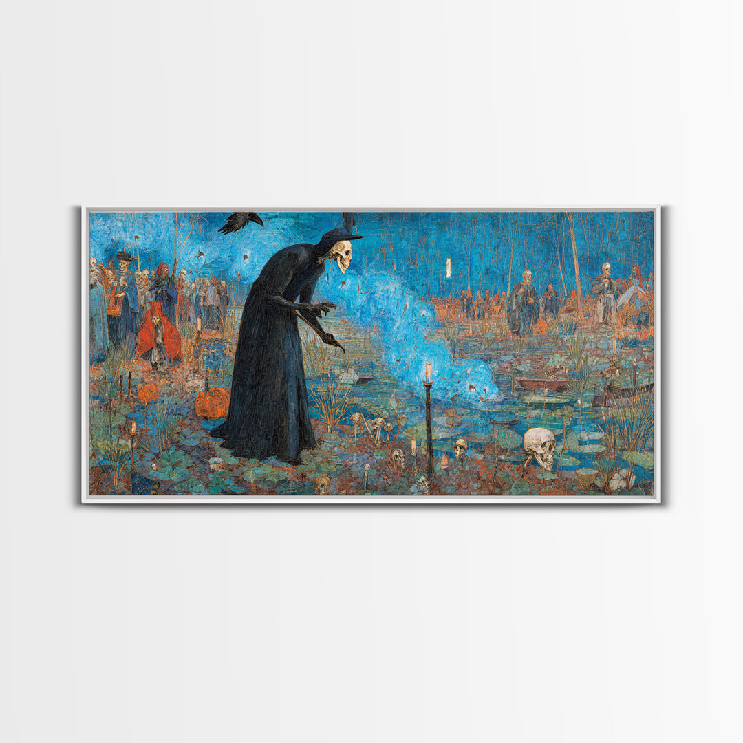 The Will-O'-The-Wisp Shepherd, Grotesque Carnival Art, Wide Panoramic Art, Dark Fantasy Wall Art, Framed Canvas Print, Halloween Wall Art
