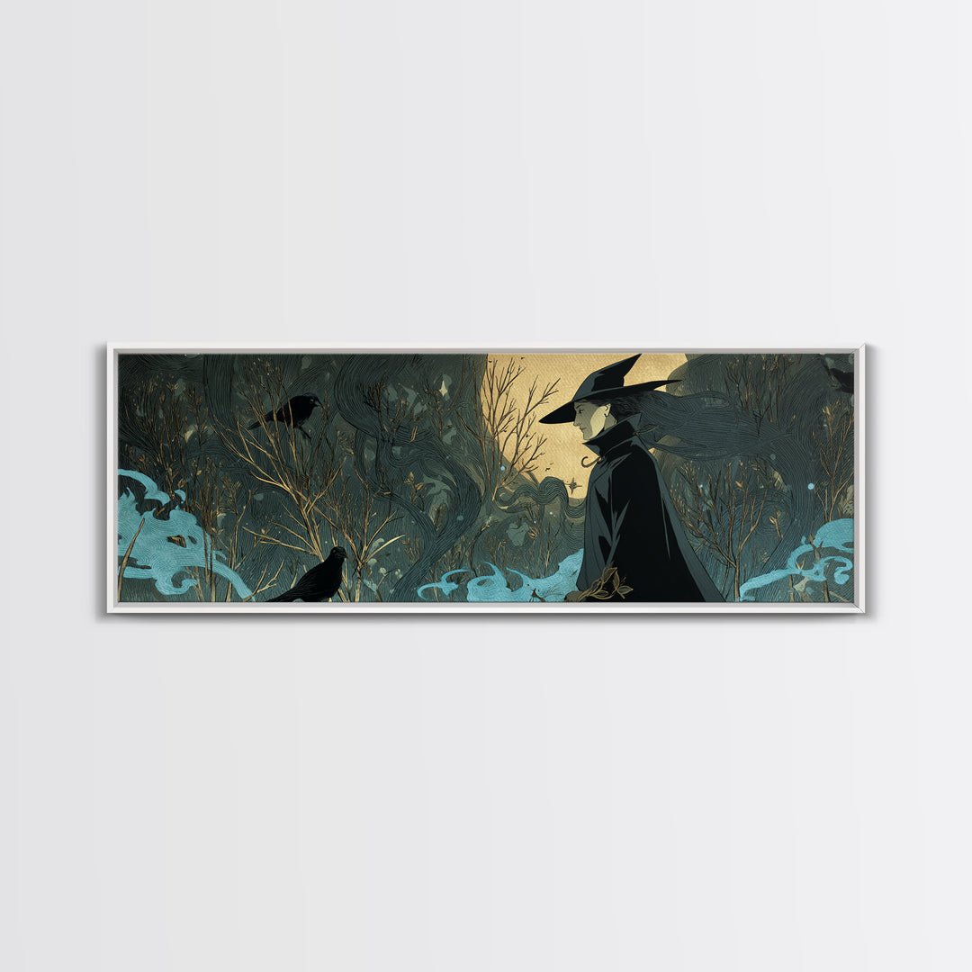 The Will-O'-The-Wisp Shepherd, Decadent Line Art, Extra Wide Wall Art, Dark Fantasy Wall Art, Canvas Print, Halloween Wall Art
