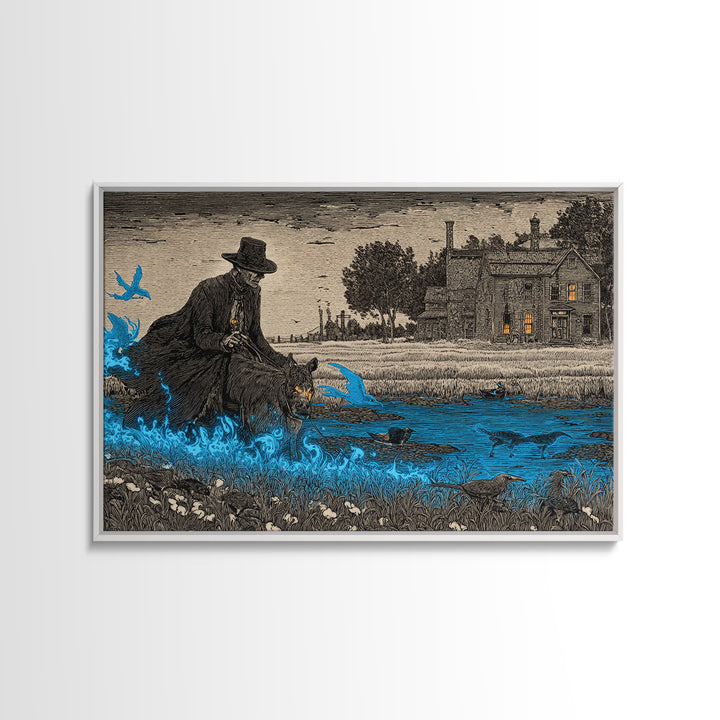 The Will-O'-The-Wisp Shepherd, Victorian Macabre Art, Landscape Wall Art, Dark Fantasy Wall Art, Framed Canvas Print, Halloween Wall Art