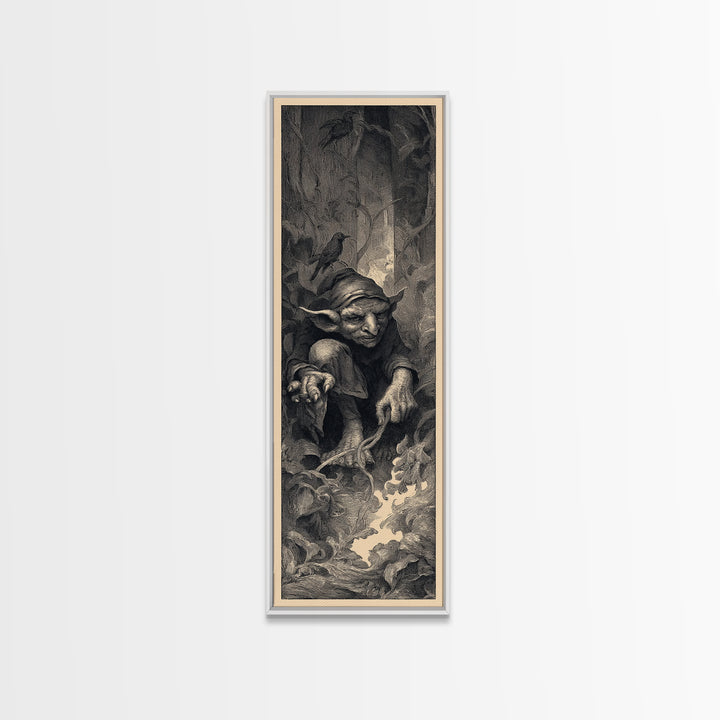 The Pumpkin Patch Goblin, Gothic Engraving Art, Tall Narrow Wall Art, Gothic Horror Wall Art, Framed Canvas Print, Halloween Wall Art