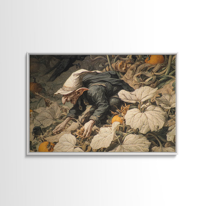 The Pumpkin Patch Goblin, Medieval Grotesque Art, Landscape Wall Art, Dark Fantasy Wall Art, Framed Canvas Print, Halloween Wall Art