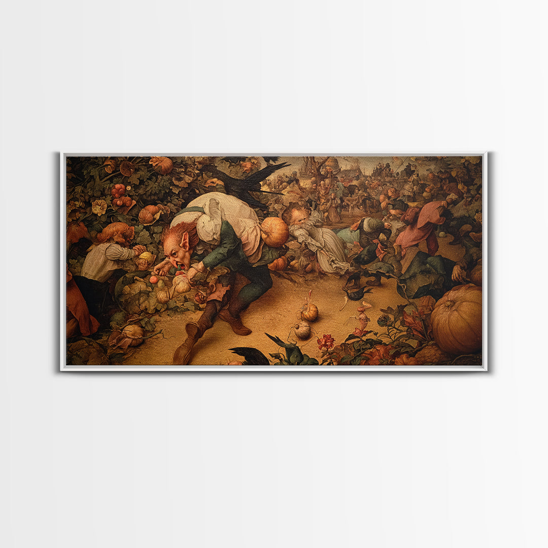 The Pumpkin Patch Goblin, Northern Renaissance Horror, Wide Panoramic Art, Dark Fantasy Wall Art, Framed Canvas Print