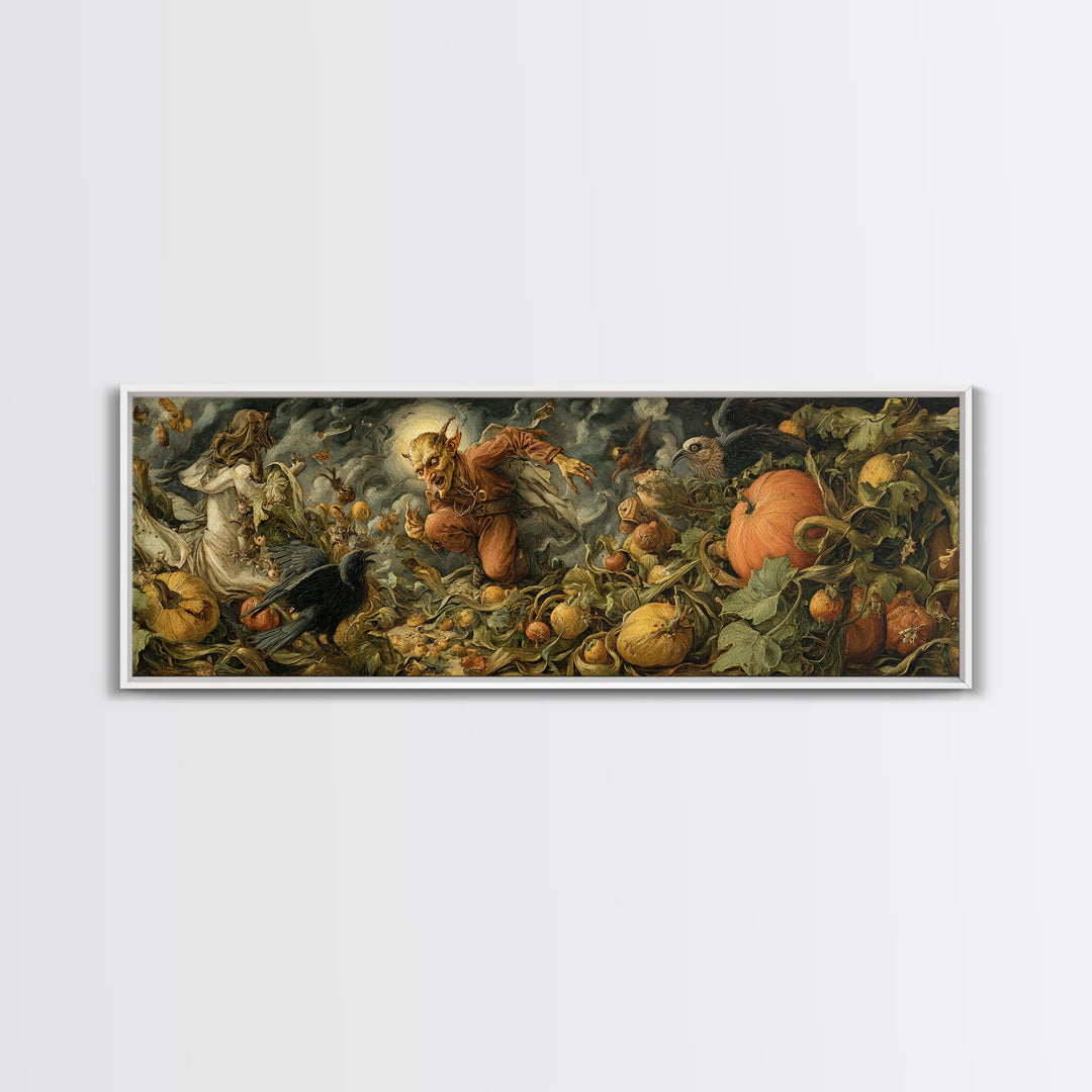 The Pumpkin Patch Goblin, Dark Renaissance Art, Extra Wide Wall Art, Gothic Horror Wall Art, Canvas Print, Halloween Wall Art
