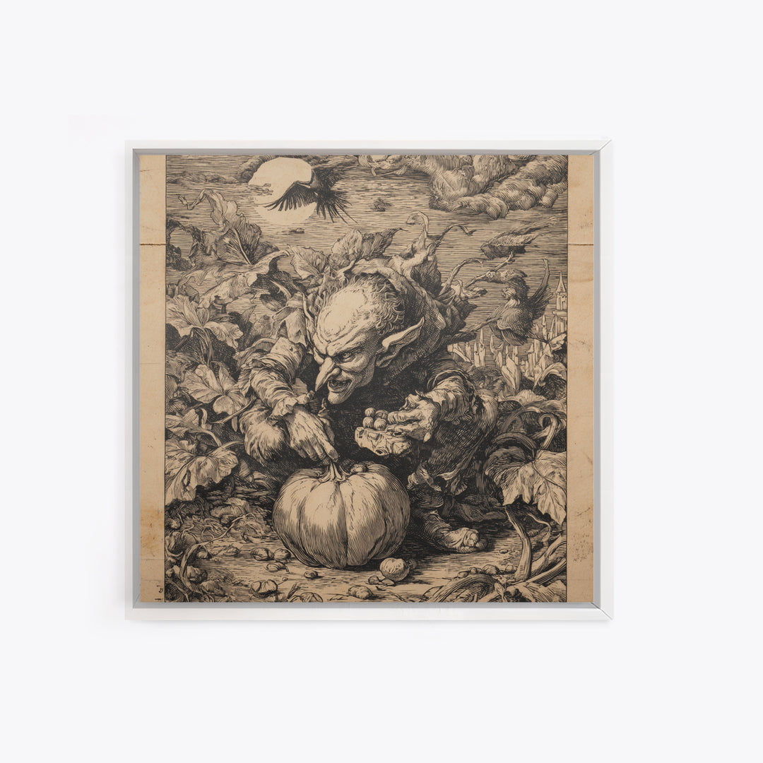 The Pumpkin Patch Goblin, Renaissance Engraving Art, Square Wall Art, Dark Halloween Decor, Framed Canvas Print, Halloween Wall Art
