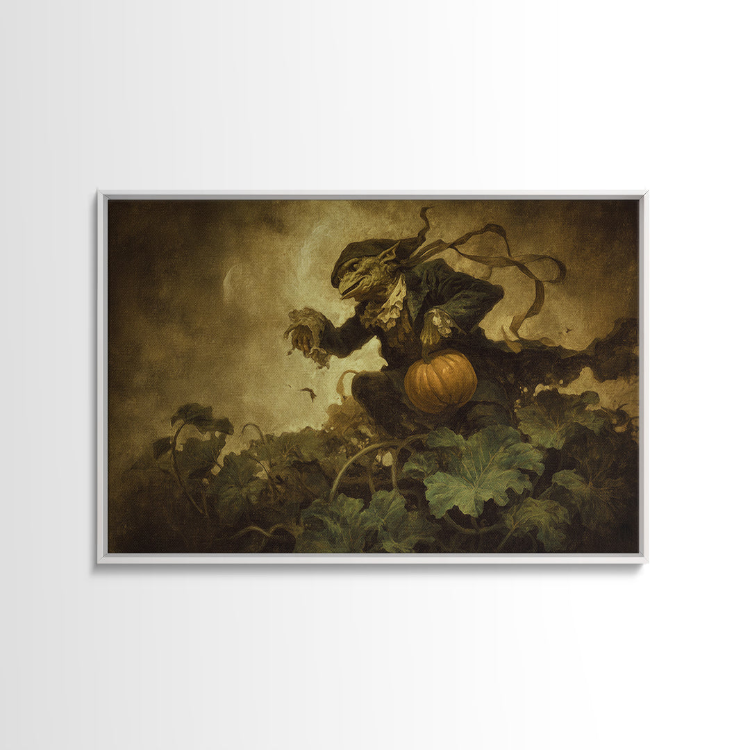The Pumpkin Patch Goblin, Dark Romantic Horror Art, Landscape Wall Art, Dark Halloween Decor, Framed Canvas Print, Halloween Wall Art