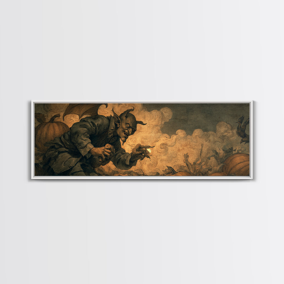 The Pumpkin Patch Goblin, Dark Symbolist Art, Extra Wide Wall Art, Dark Fantasy Wall Art, Canvas Print, Halloween Wall Art