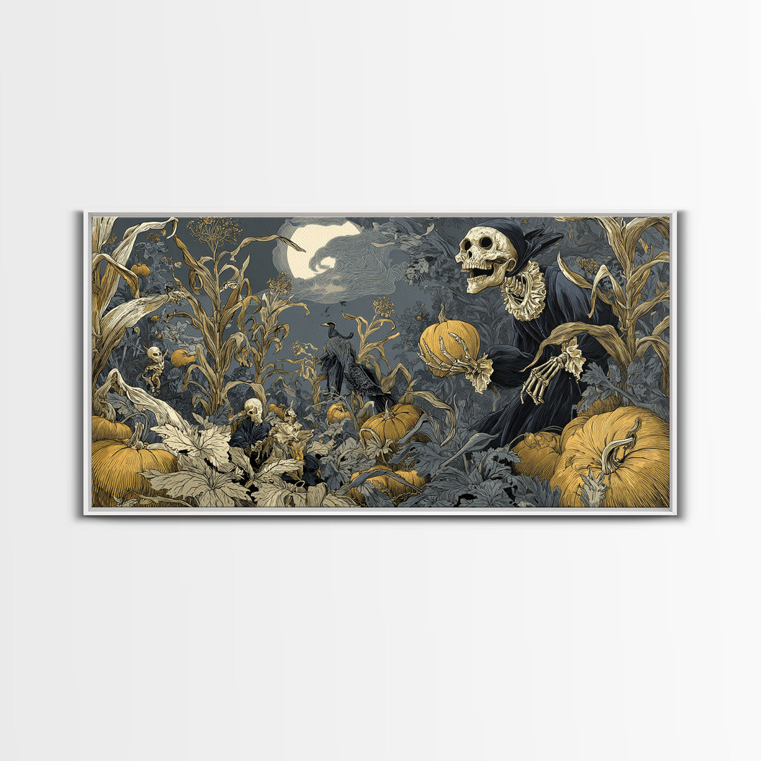The Pumpkin Patch Goblin, Macabre Folk Print Art, Wide Panoramic Art, Dark Halloween Decor, Framed Canvas Print