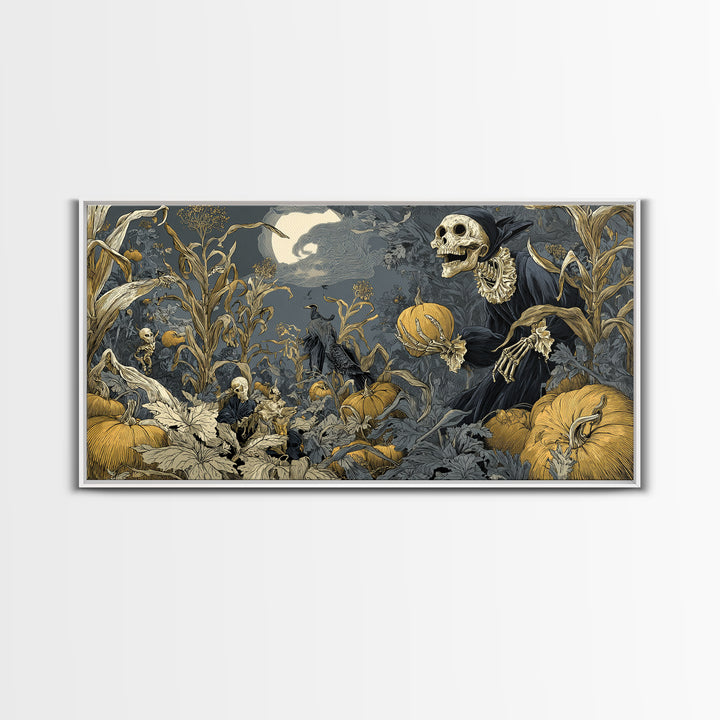 The Pumpkin Patch Goblin, Macabre Folk Print Art, Wide Panoramic Art, Dark Halloween Decor, Framed Canvas Print