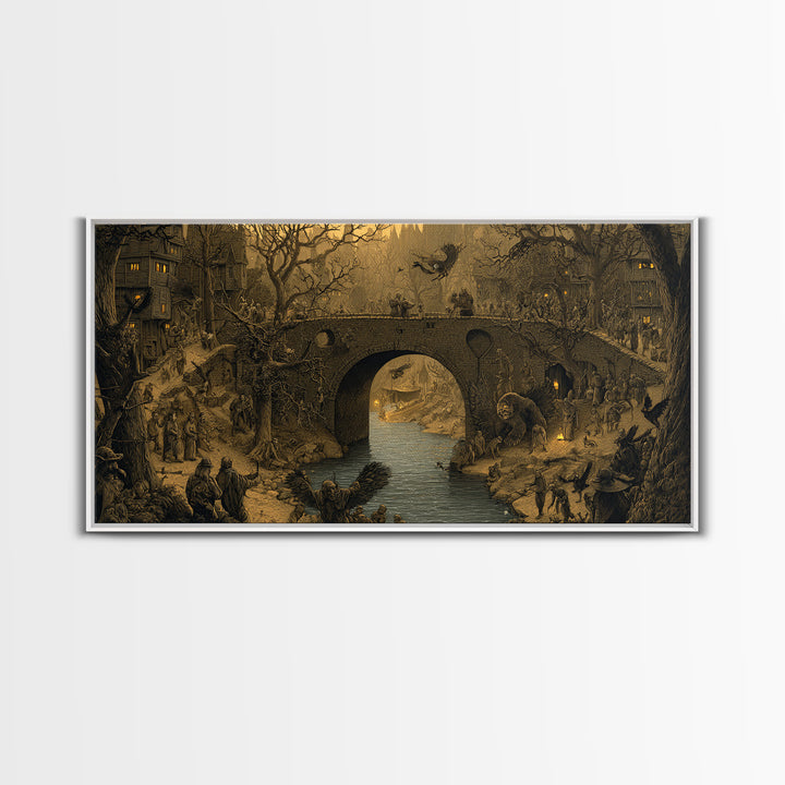 The Bridge Troll At Midnight, Northern Renaissance Horror, Wide Panoramic Art, Gothic Horror Wall Art, Framed Canvas Print