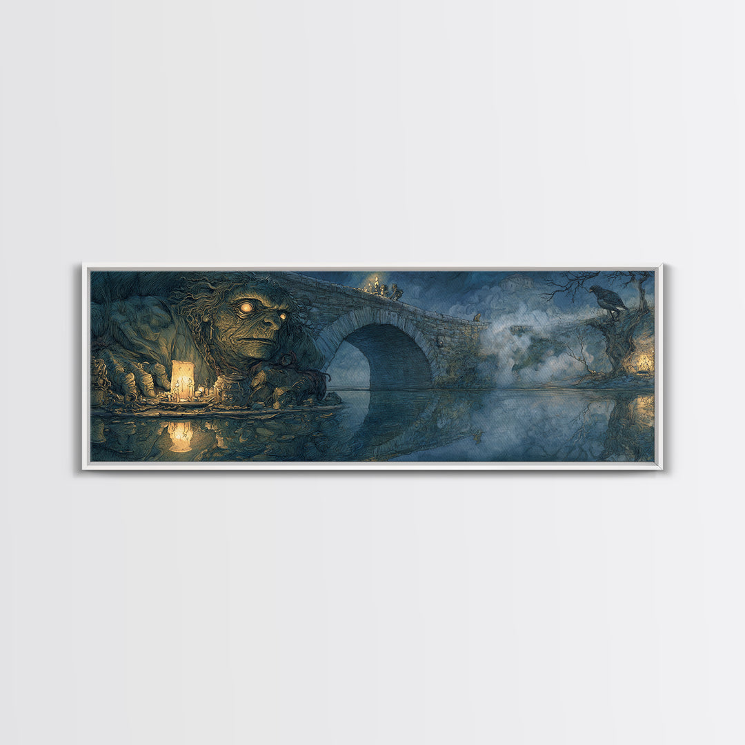 The Bridge Troll At Midnight, Dark Renaissance Art, Extra Wide Wall Art, Macabre Wall Art, Canvas Print, Halloween Wall Art