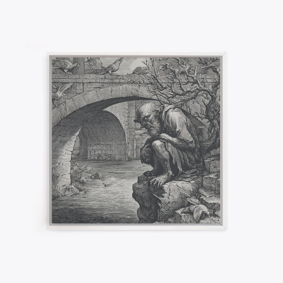 The Bridge Troll At Midnight, Renaissance Engraving Art, Square Wall Art, Gothic Horror Wall Art, Canvas Print, Halloween Wall Art