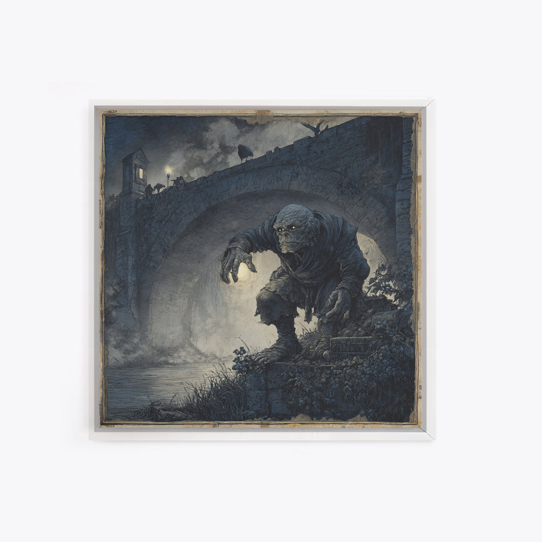 The Bridge Troll At Midnight, Danse Macabre Art, Square Wall Art, Macabre Wall Art, Framed Canvas Print, Halloween Decor