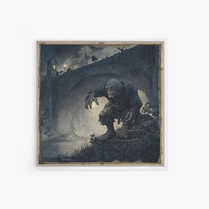 The Bridge Troll At Midnight, Danse Macabre Art, Square Wall Art, Macabre Wall Art, Framed Canvas Print, Halloween Decor