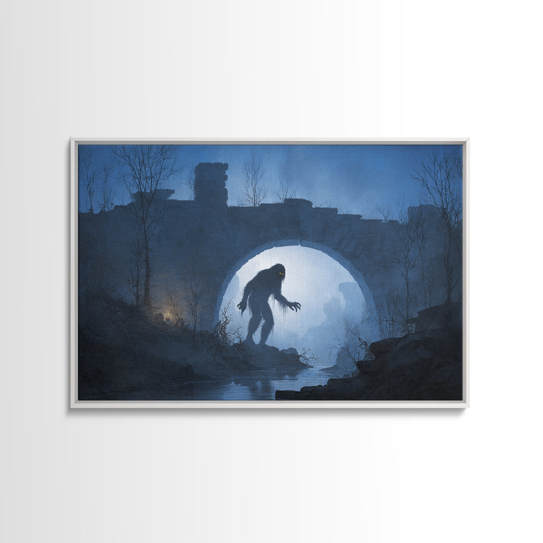 The Bridge Troll At Midnight, Romantic Gothic Landscape, Landscape Wall Art, Macabre Wall Art, Canvas Print, Halloween Wall Art