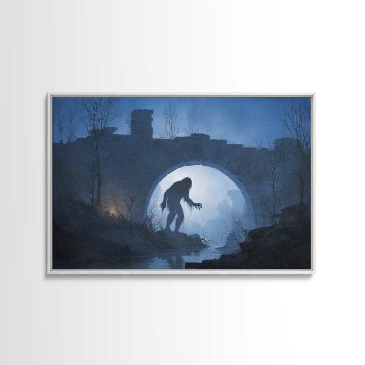 The Bridge Troll At Midnight, Romantic Gothic Landscape, Landscape Wall Art, Macabre Wall Art, Canvas Print, Halloween Wall Art