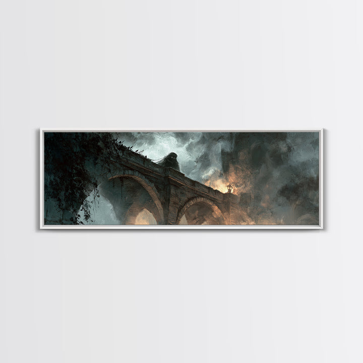 The Bridge Troll At Midnight, Apocalyptic Romantic Art, Extra Wide Wall Art, Dark Halloween Decor, Canvas Print, Halloween Wall Art