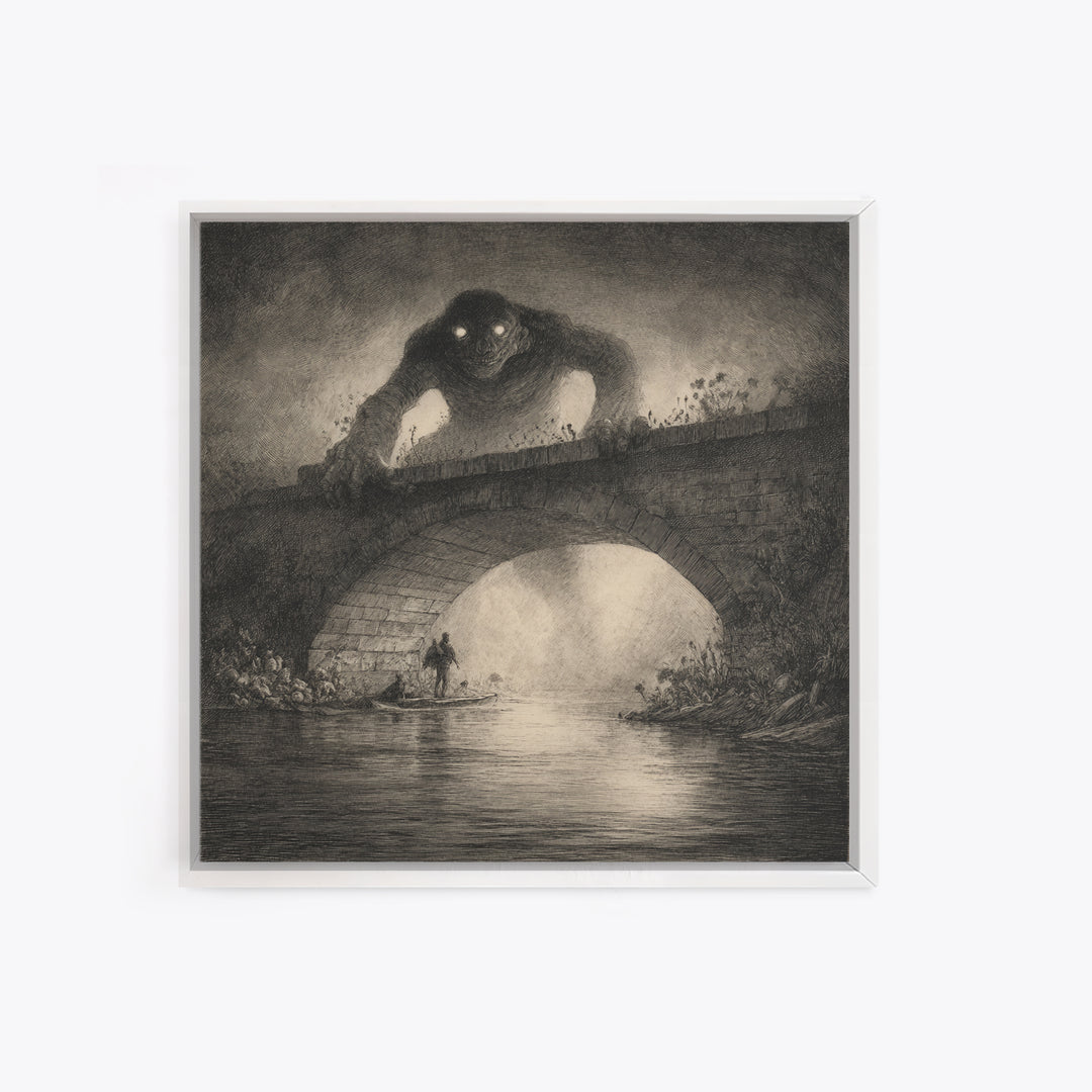 The Bridge Troll At Midnight, Symbolist Dream Art, Square Wall Art, Gothic Horror Wall Art, Framed Canvas Print, Halloween Wall Art