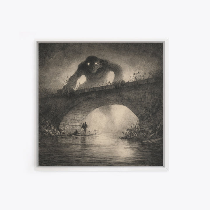 The Bridge Troll At Midnight, Symbolist Dream Art, Square Wall Art, Gothic Horror Wall Art, Framed Canvas Print, Halloween Wall Art