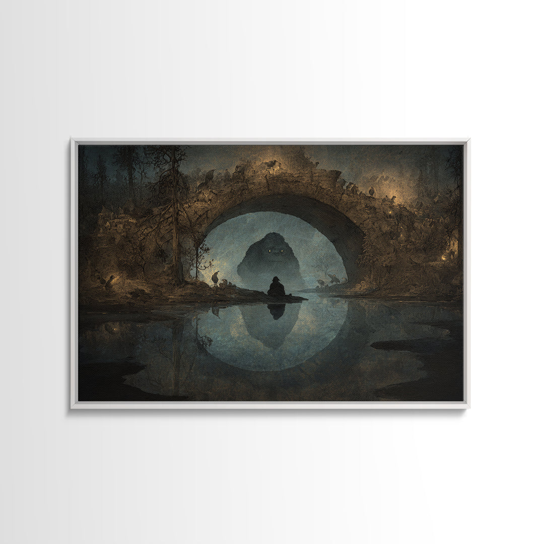 The Bridge Troll At Midnight, Symbolist Gothic Landscape, Landscape Wall Art, Dark Halloween Decor, Canvas Print, Halloween Wall Art