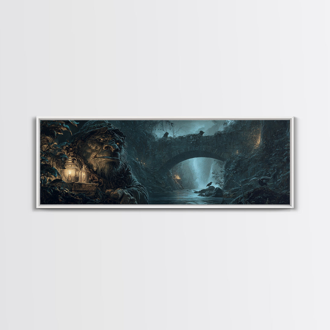 The Bridge Troll At Midnight, Ornate Symbolist Art, Extra Wide Wall Art, Dark Halloween Decor, Framed Canvas Print