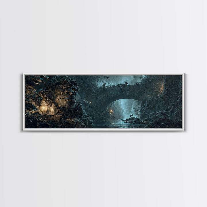 The Bridge Troll At Midnight, Ornate Symbolist Art, Extra Wide Wall Art, Dark Halloween Decor, Framed Canvas Print