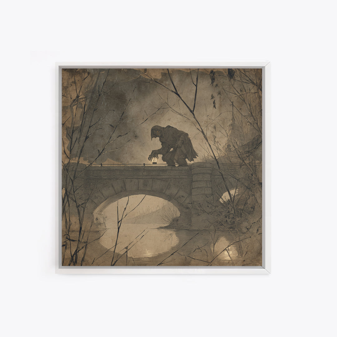 The Bridge Troll At Midnight, Decadent Gothic Art, Square Wall Art, Gothic Horror Wall Art, Canvas Print, Halloween Wall Art