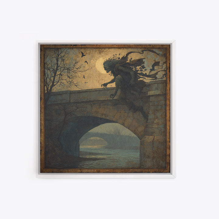 The Bridge Troll At Midnight, Dark Symbolist Art, Square Wall Art, Dark Fantasy Wall Art, Framed Canvas Print, Halloween Wall Art