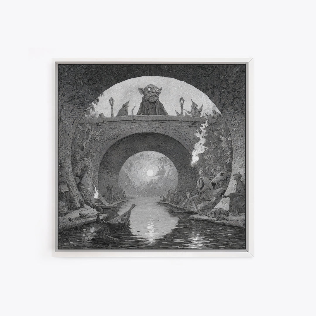 The Bridge Troll At Midnight, Expressionist Nightmare Art, Square Wall Art, Macabre Wall Art, Framed Canvas Print, Halloween Wall Art