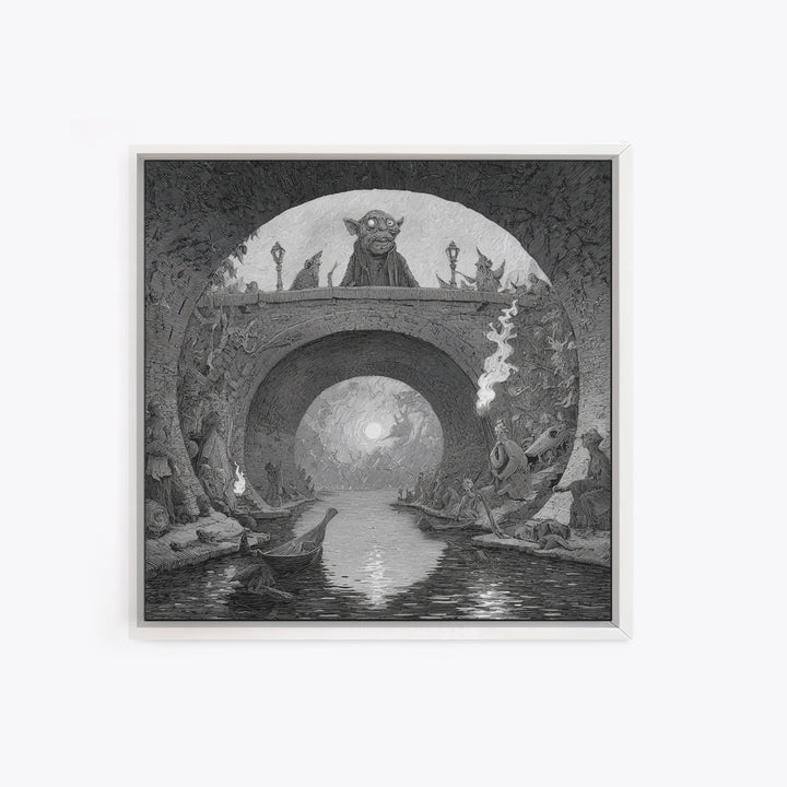 The Bridge Troll At Midnight, Expressionist Nightmare Art, Square Wall Art, Macabre Wall Art, Framed Canvas Print, Halloween Wall Art