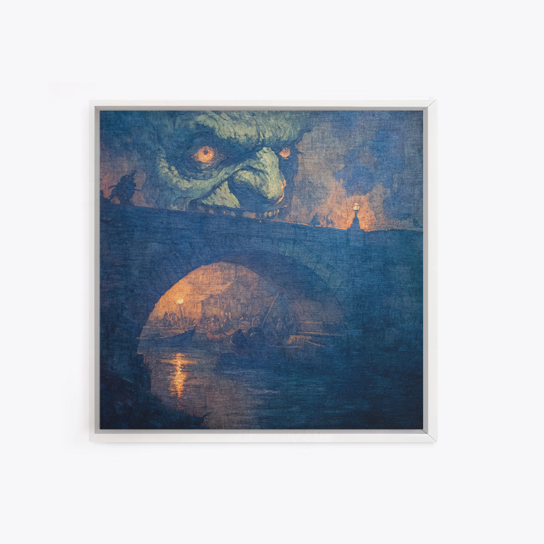 The Bridge Troll At Midnight, Grotesque Carnival Art, Square Wall Art, Dark Halloween Decor, Framed Canvas Print, Halloween Wall Art