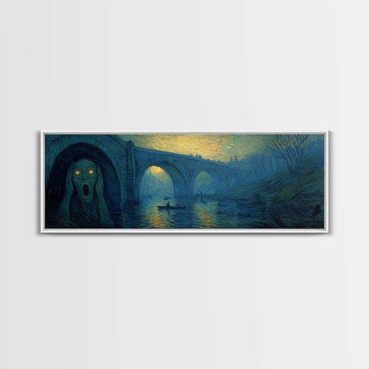 The Bridge Troll At Midnight, Expressionist Gothic Art, Extra Wide Wall Art, Gothic Horror Wall Art, Framed Canvas Print, Spooky Wall Decor