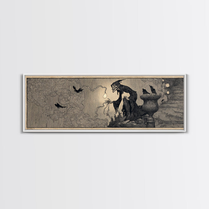 The Bridge Troll At Midnight, Decadent Line Art, Extra Wide Wall Art, Dark Fantasy Wall Art, Canvas Print, Halloween Wall Art